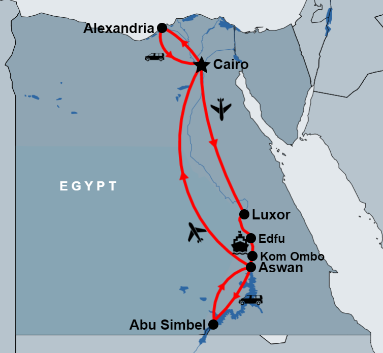 12 Days Cairo, Alexandria and Nile Cruise by Flight map 12 Days Cairo, Alexandria and Nile Cruise by Flight map